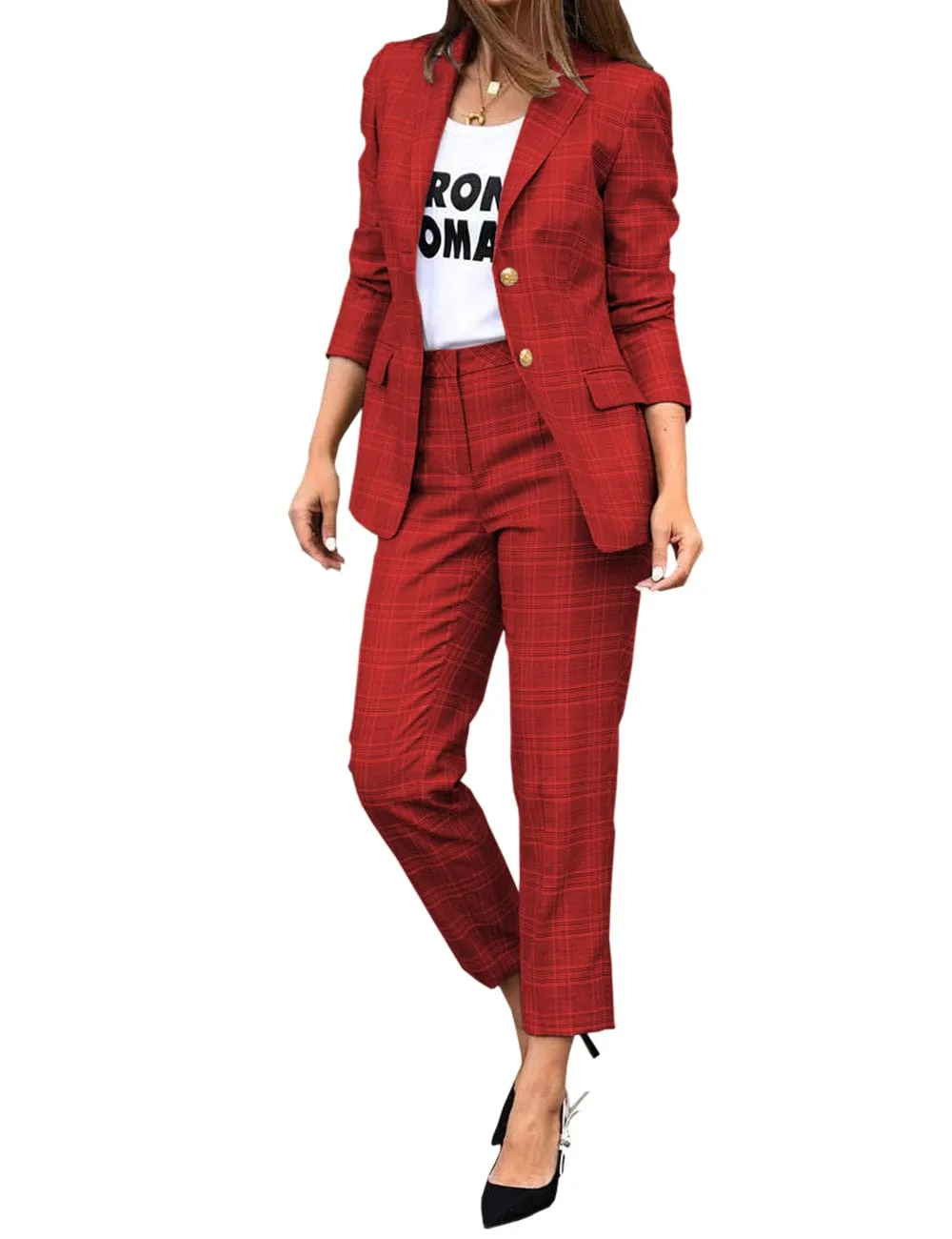 Women's Suit 2 Piece Fashionable Casual Plaid Jacket (Blazer Pants)