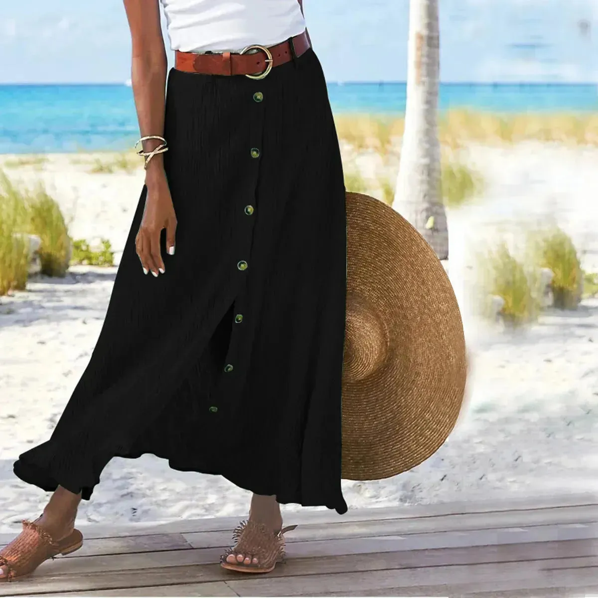 Women's summer Fashion Cotton Linen A-Line Hip Mid Waist Long maxi Skirt