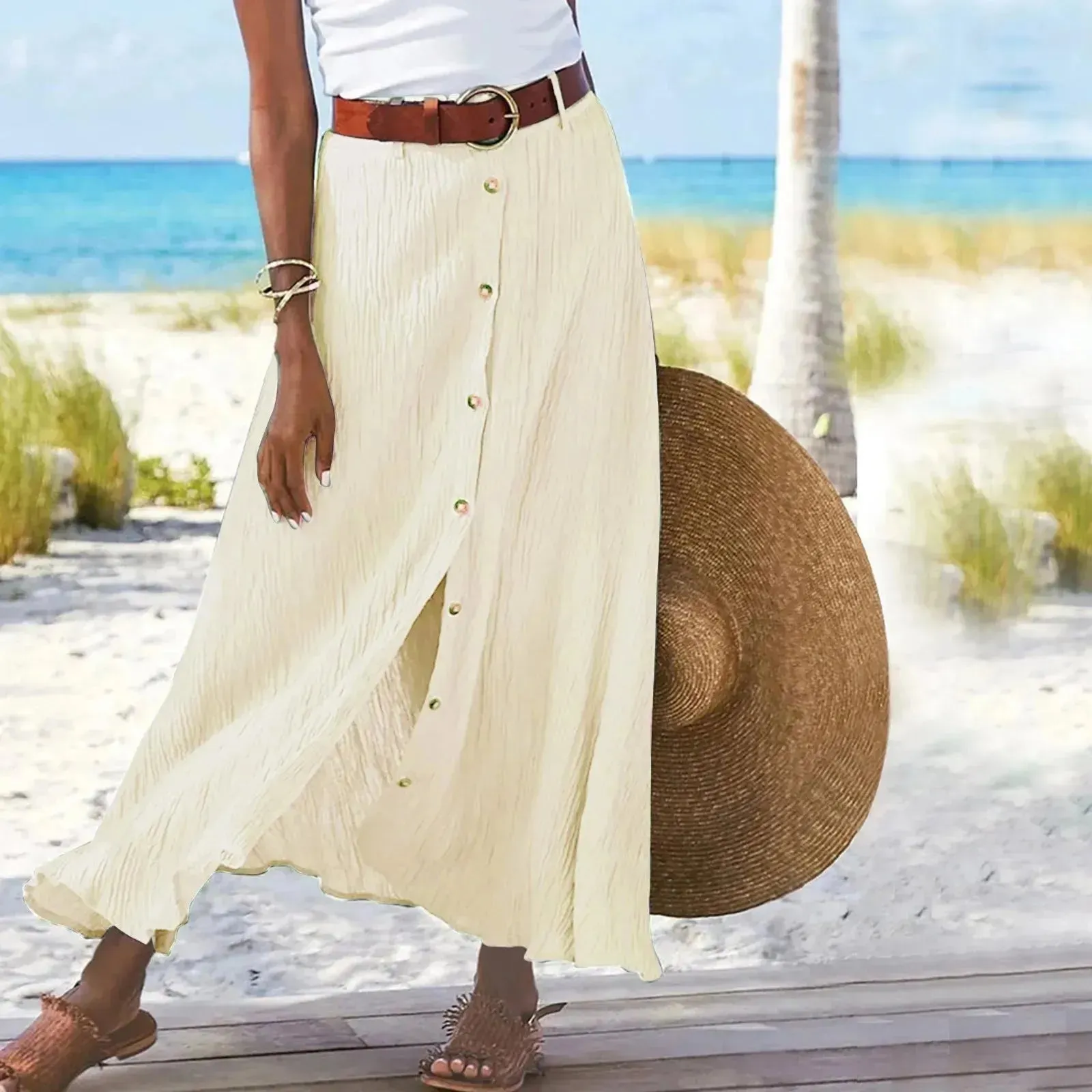 Women's summer Fashion Cotton Linen A-Line Hip Mid Waist Long maxi Skirt