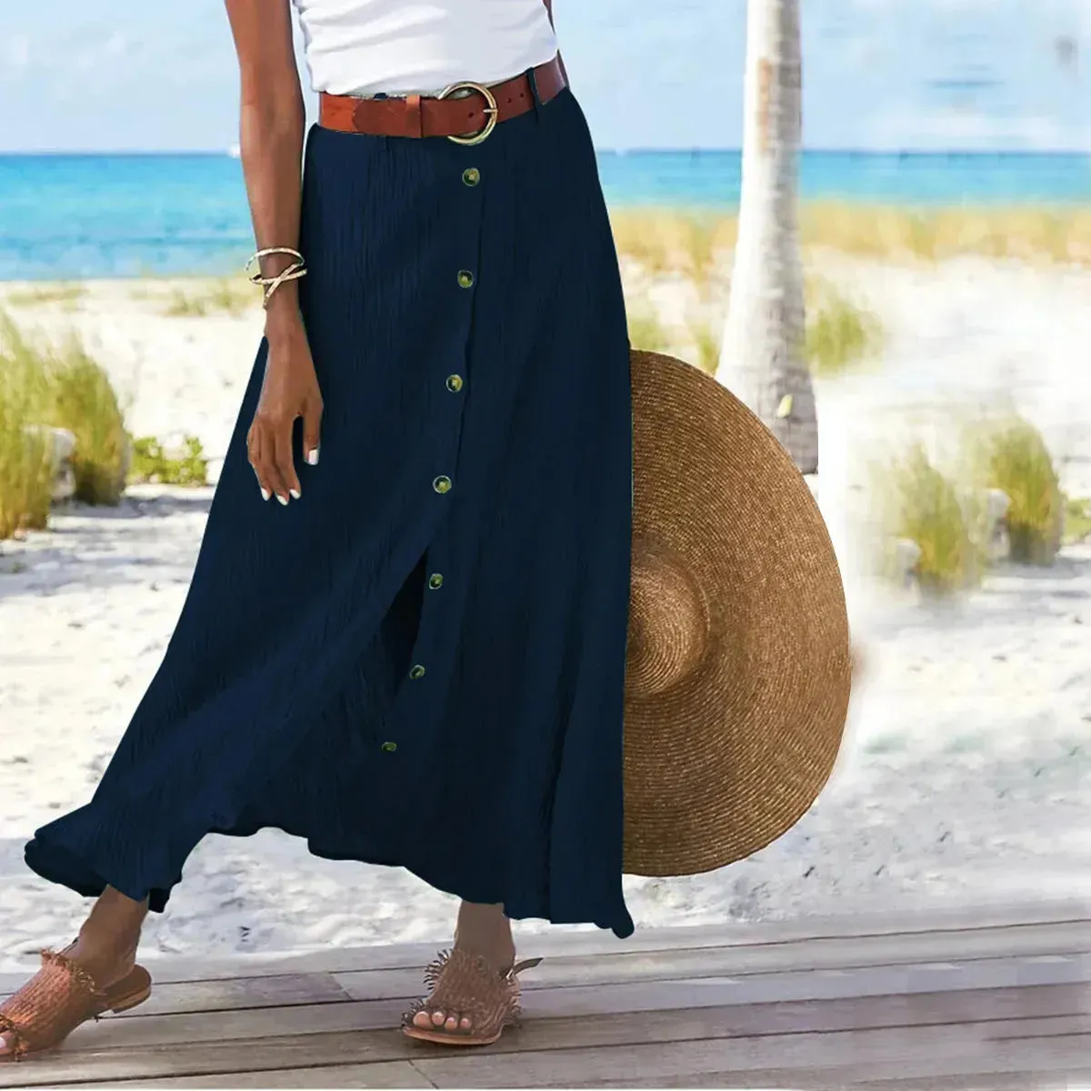 Women's summer Fashion Cotton Linen A-Line Hip Mid Waist Long maxi Skirt