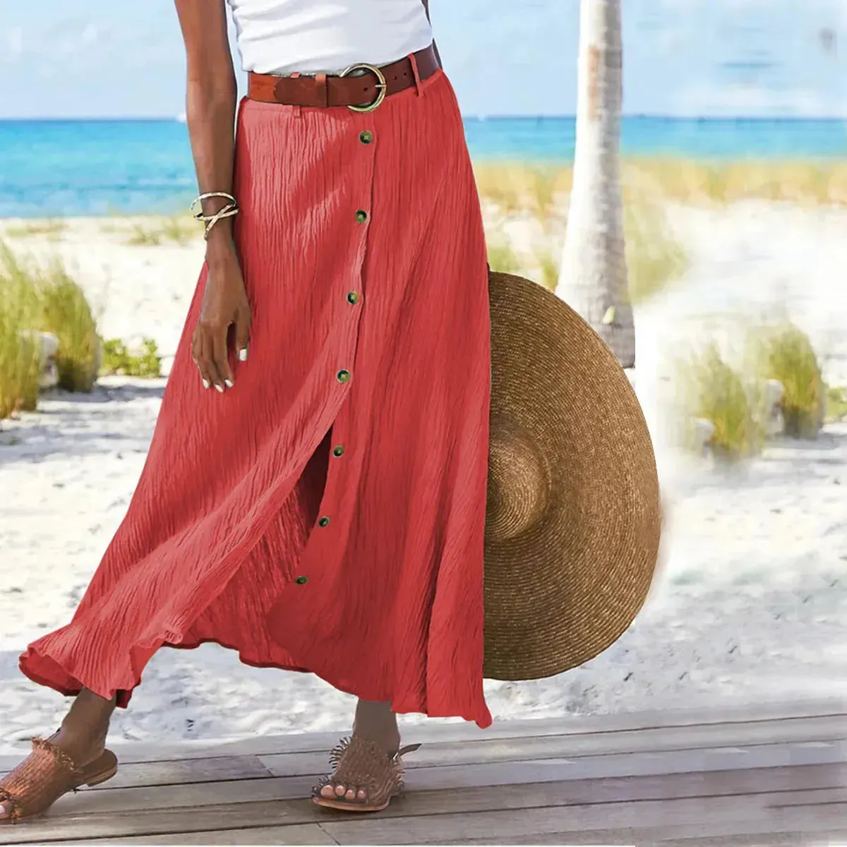 Women's summer Fashion Cotton Linen A-Line Hip Mid Waist Long maxi Skirt