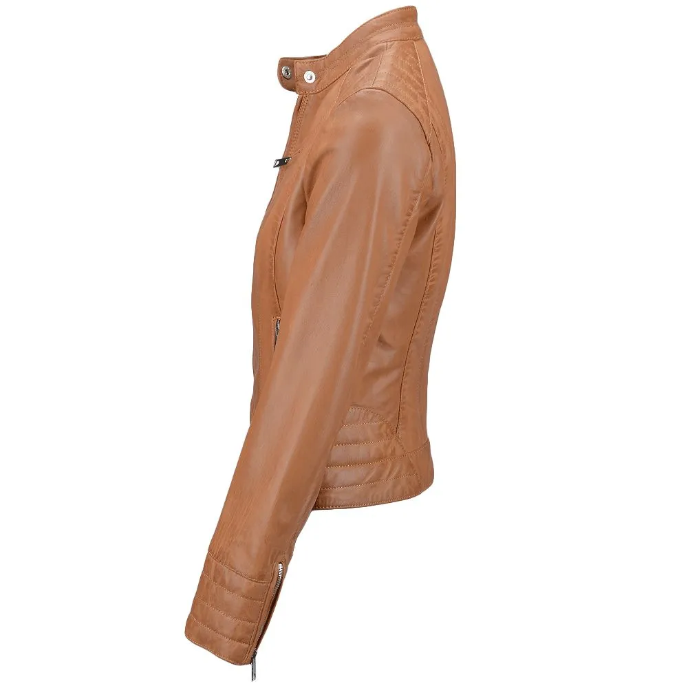 Women's Tan Quilted Details Leather Jacket