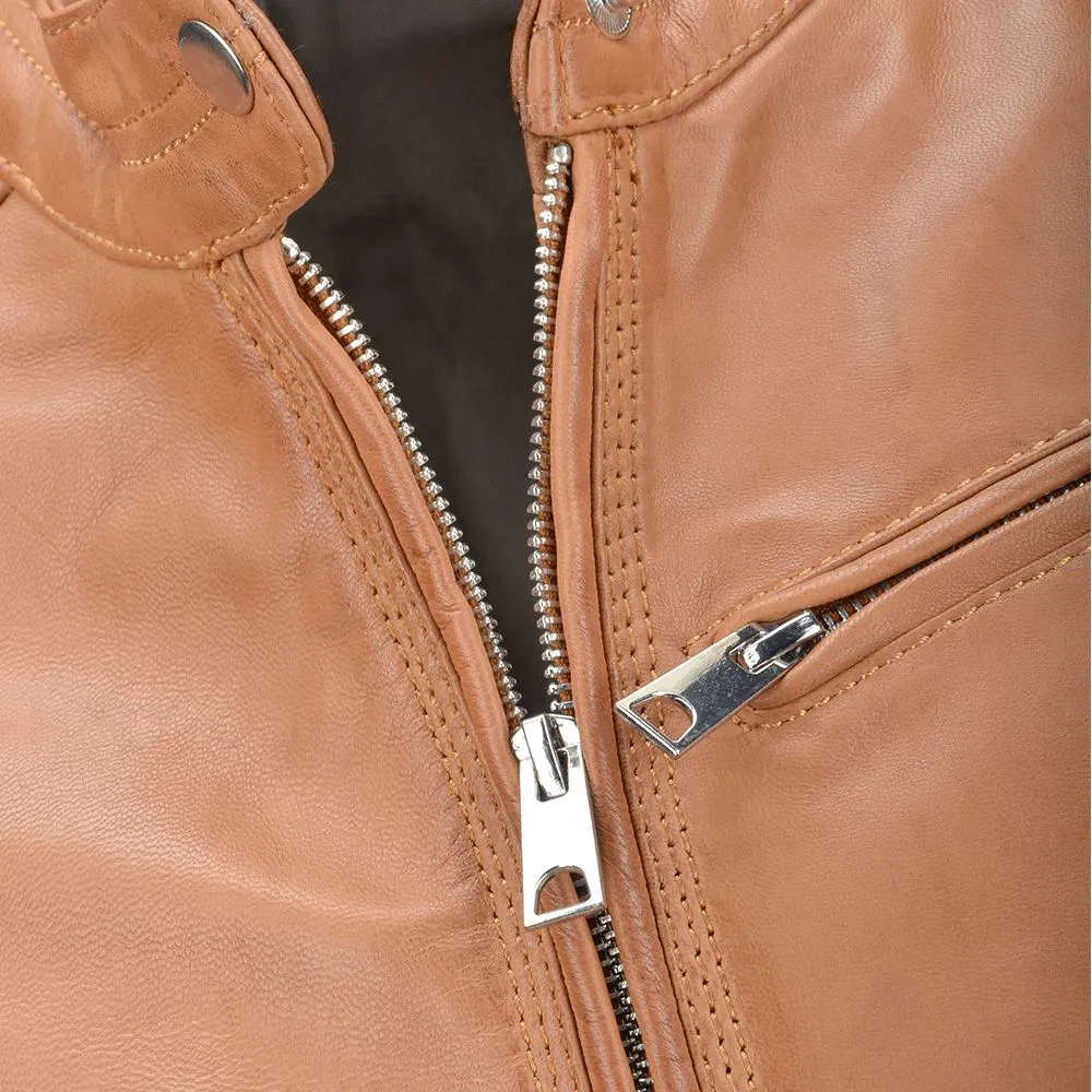 Women's Tan Quilted Details Leather Jacket