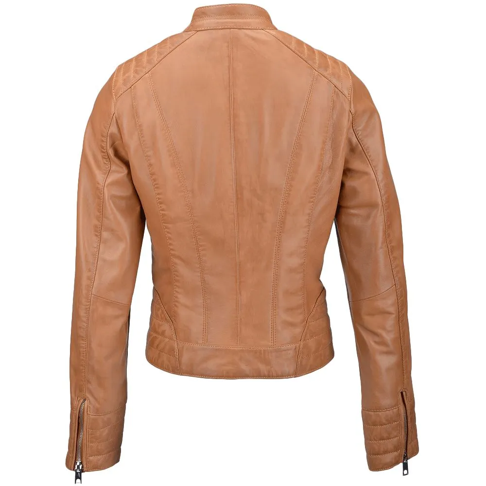 Women's Tan Quilted Details Leather Jacket