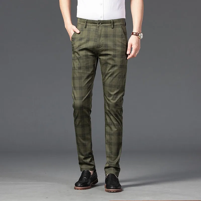 Wood Brand Autumn Plaid Pants Men Cotton Formal Work Business Pants