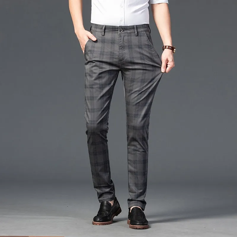 Wood Brand Autumn Plaid Pants Men Cotton Formal Work Business Pants