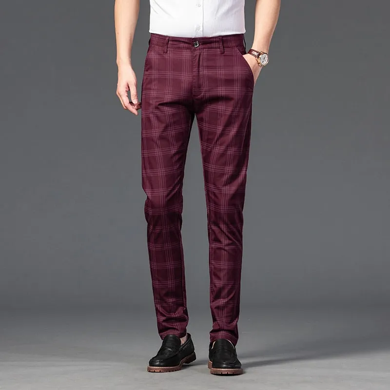 Wood Brand Autumn Plaid Pants Men Cotton Formal Work Business Pants