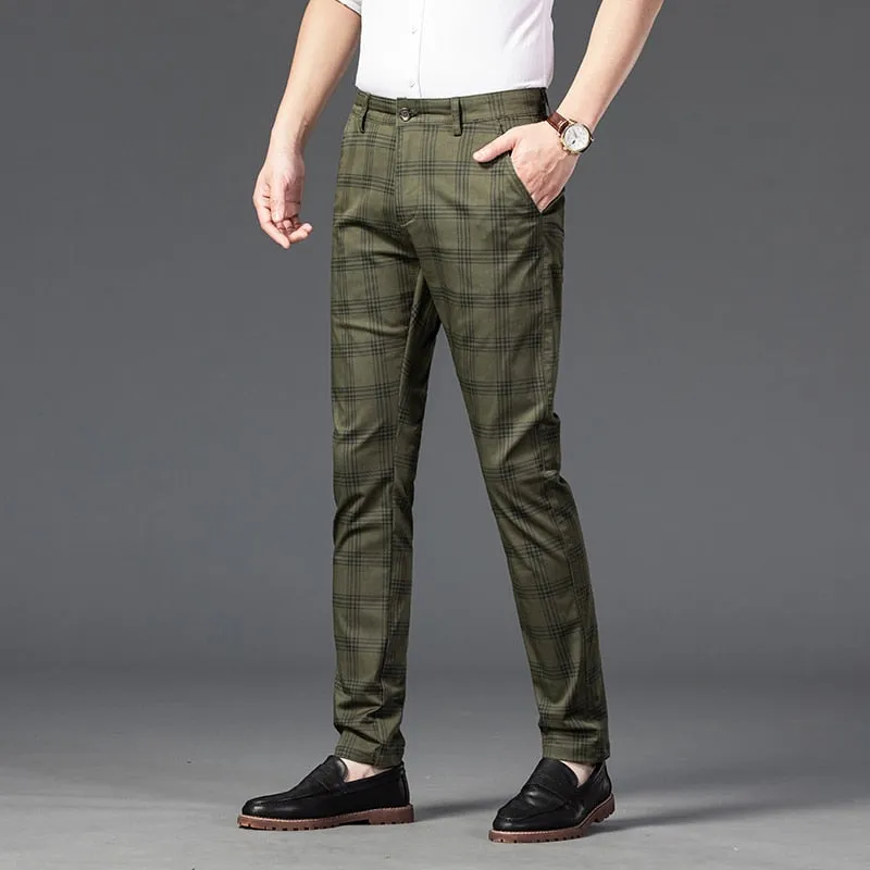 Wood Brand Autumn Plaid Pants Men Cotton Formal Work Business Pants
