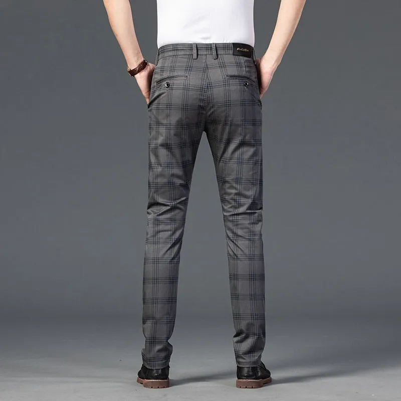 Wood Brand Autumn Plaid Pants Men Cotton Formal Work Business Pants