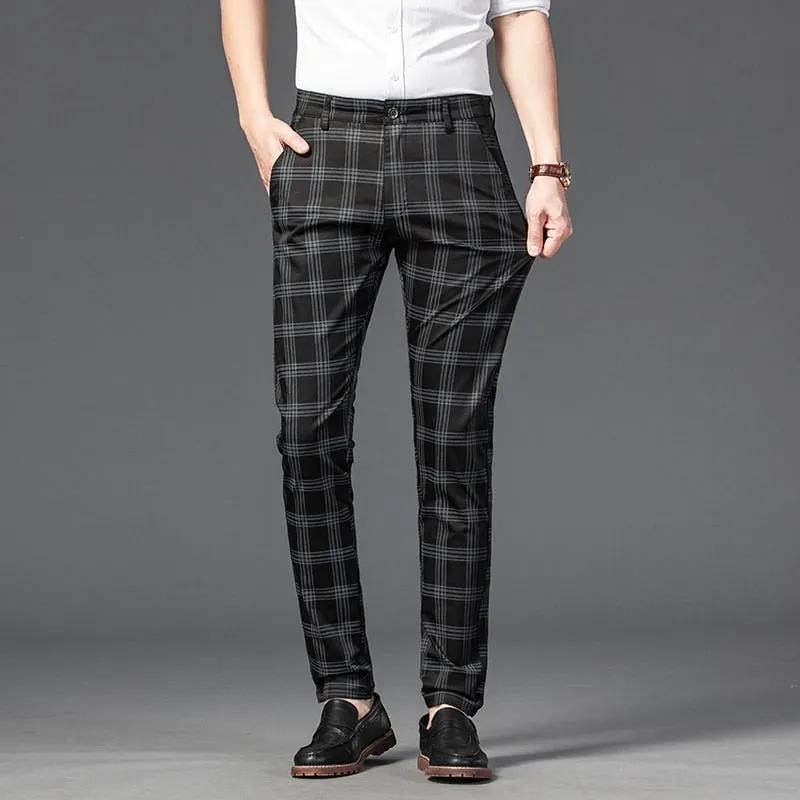 Wood Brand Autumn Plaid Pants Men Cotton Formal Work Business Pants