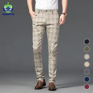Wood Brand Autumn Plaid Pants Men Cotton Formal Work Business Pants