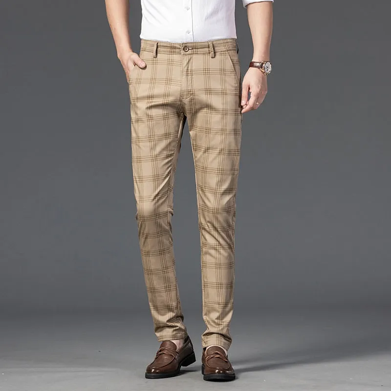 Wood Brand Autumn Plaid Pants Men Cotton Formal Work Business Pants