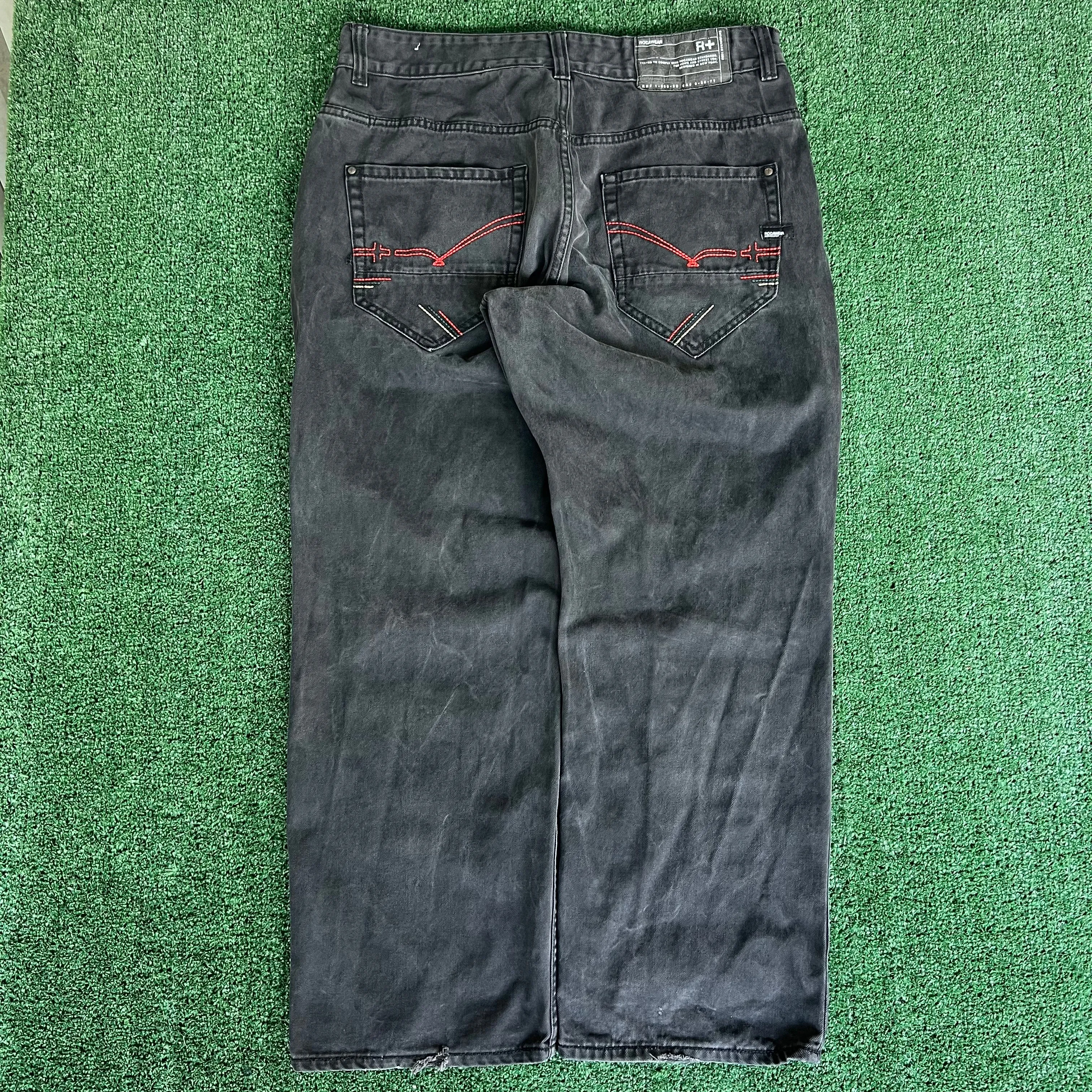 Y2K Men's Rocawear Baggy Wide-Leg Black Jeans 39x31" 20" Open JNCO Style