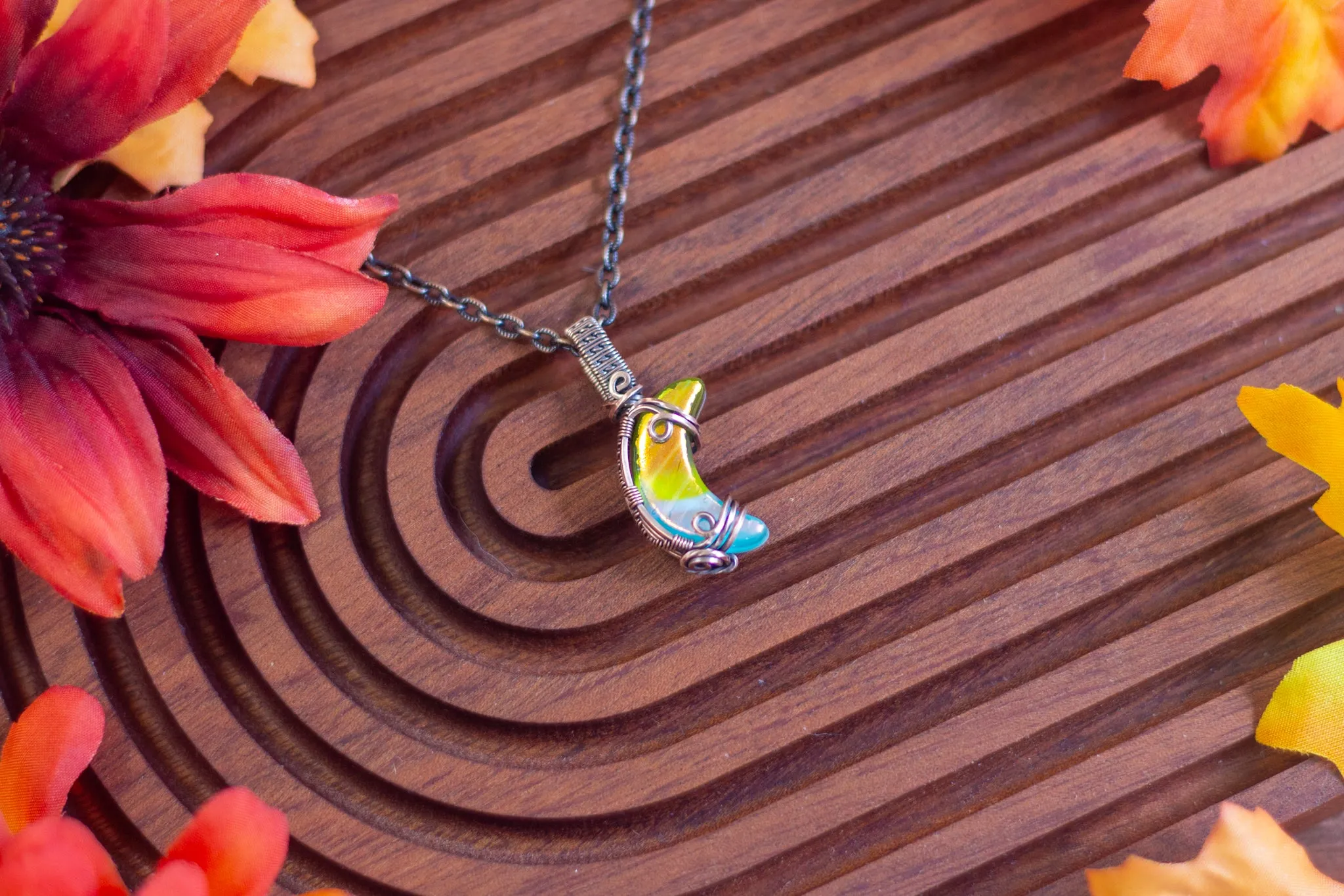 Yellow and Blue Dichroic Crescent Moon Pendant with Copper Wire Wrapping